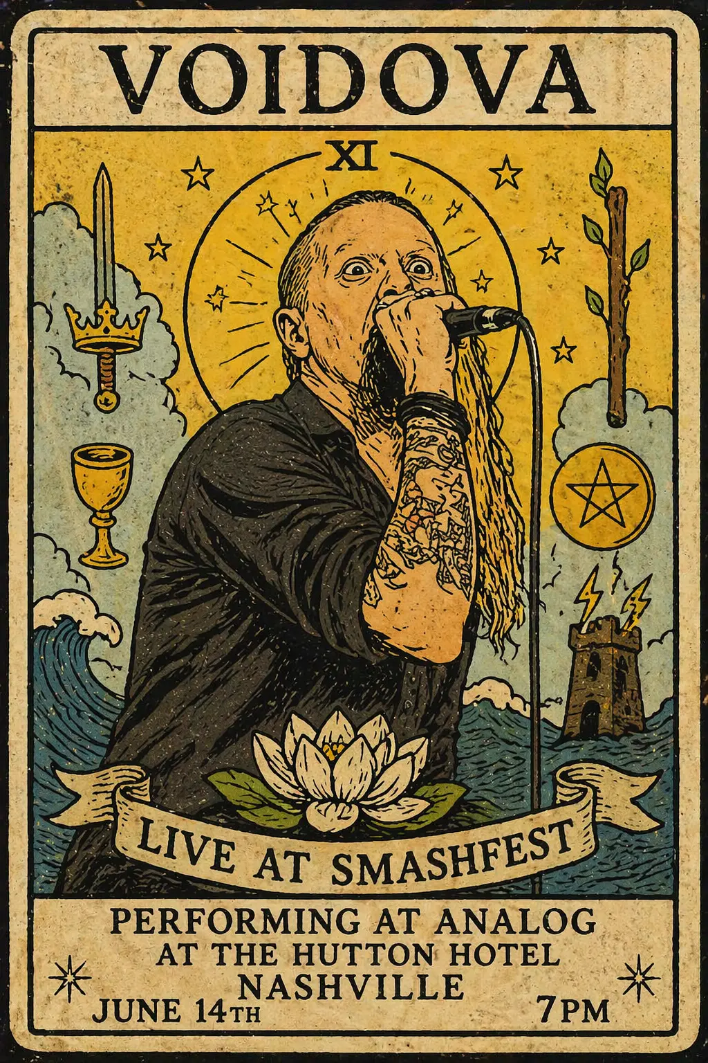 Voidova live at Smashfest tarot-card style flyer — performing at Analog at The Hutton Hotel, Nashville, June 14th, 7pm