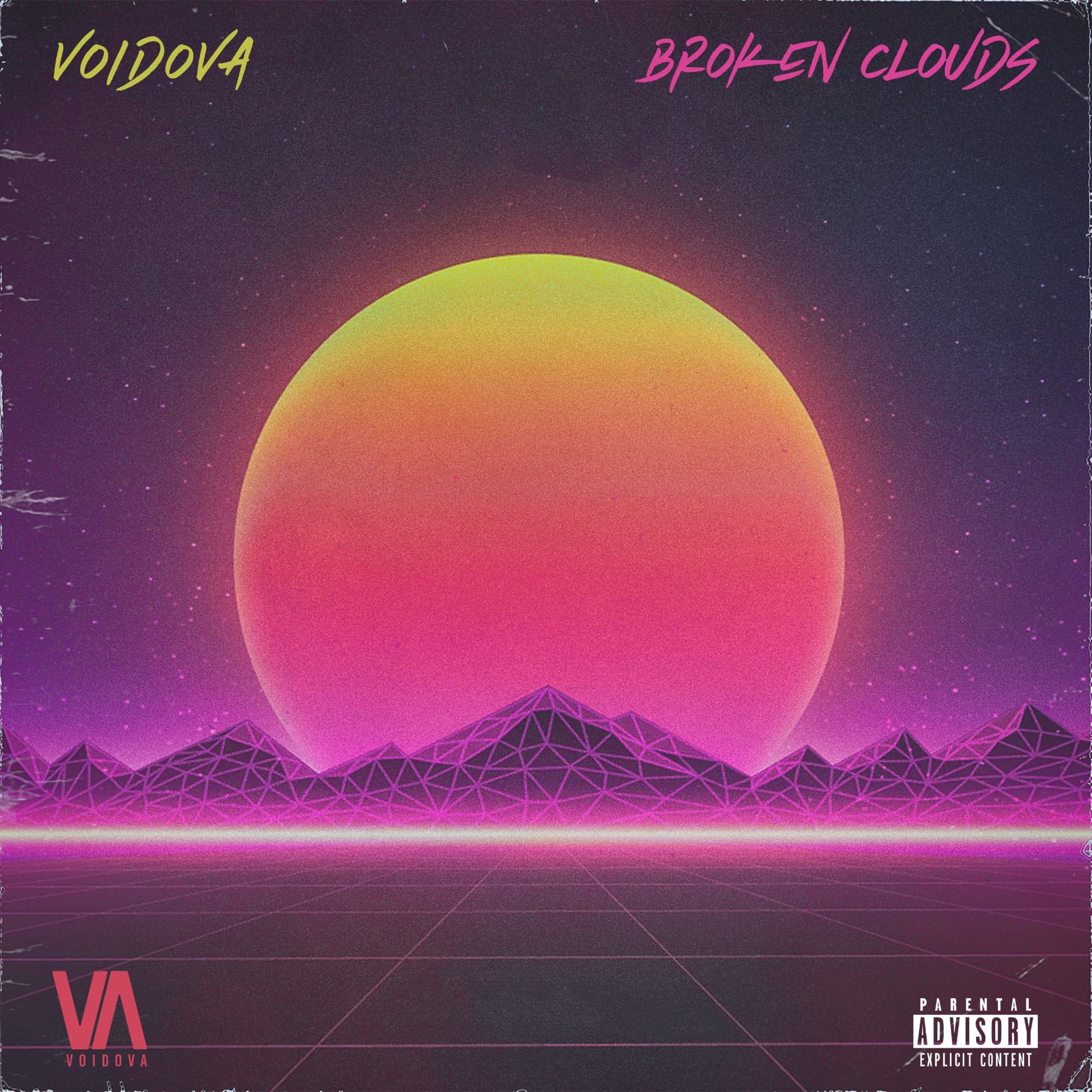 Broken Clouds album artwork — retro neon sun over a wireframe horizon