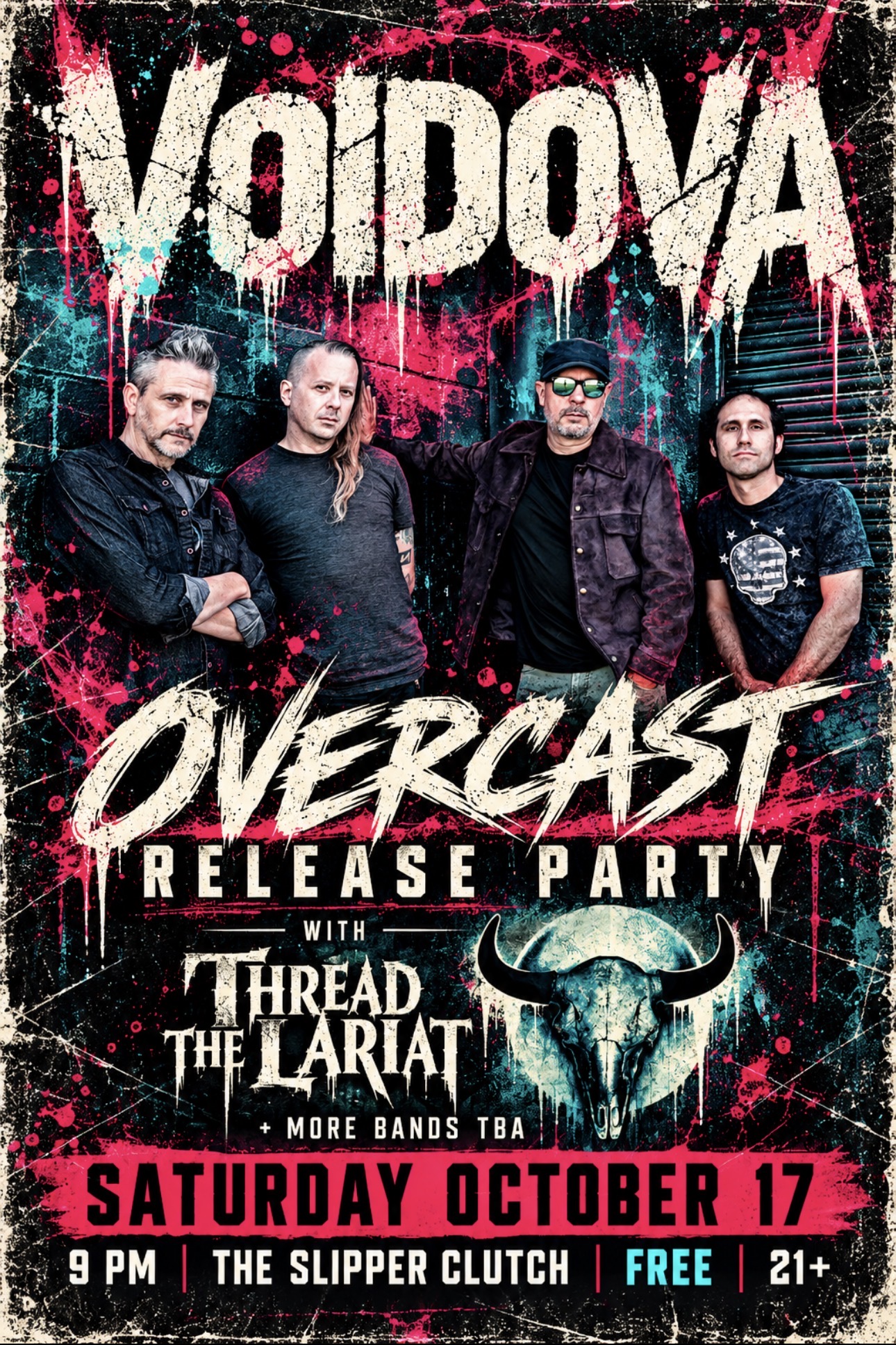 Voidova Overcast Release Party flyer — Saturday October 17, 9 PM, The Slipper Clutch, free, 21+, with Thread The Lariat + more bands TBA